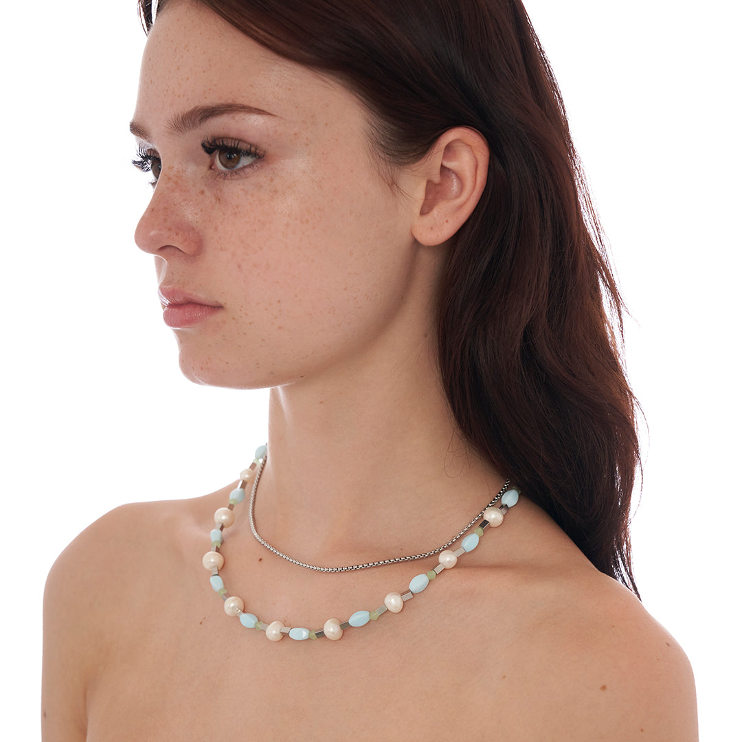 Blue and Green Beads Necklace with Mother of Pearl